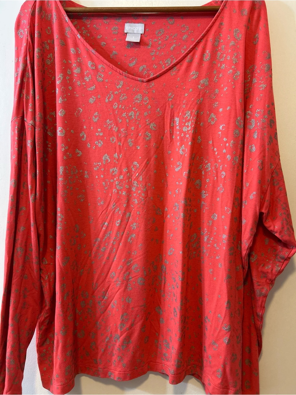 Chico's Coral Top with Metallic Silver Spot Print